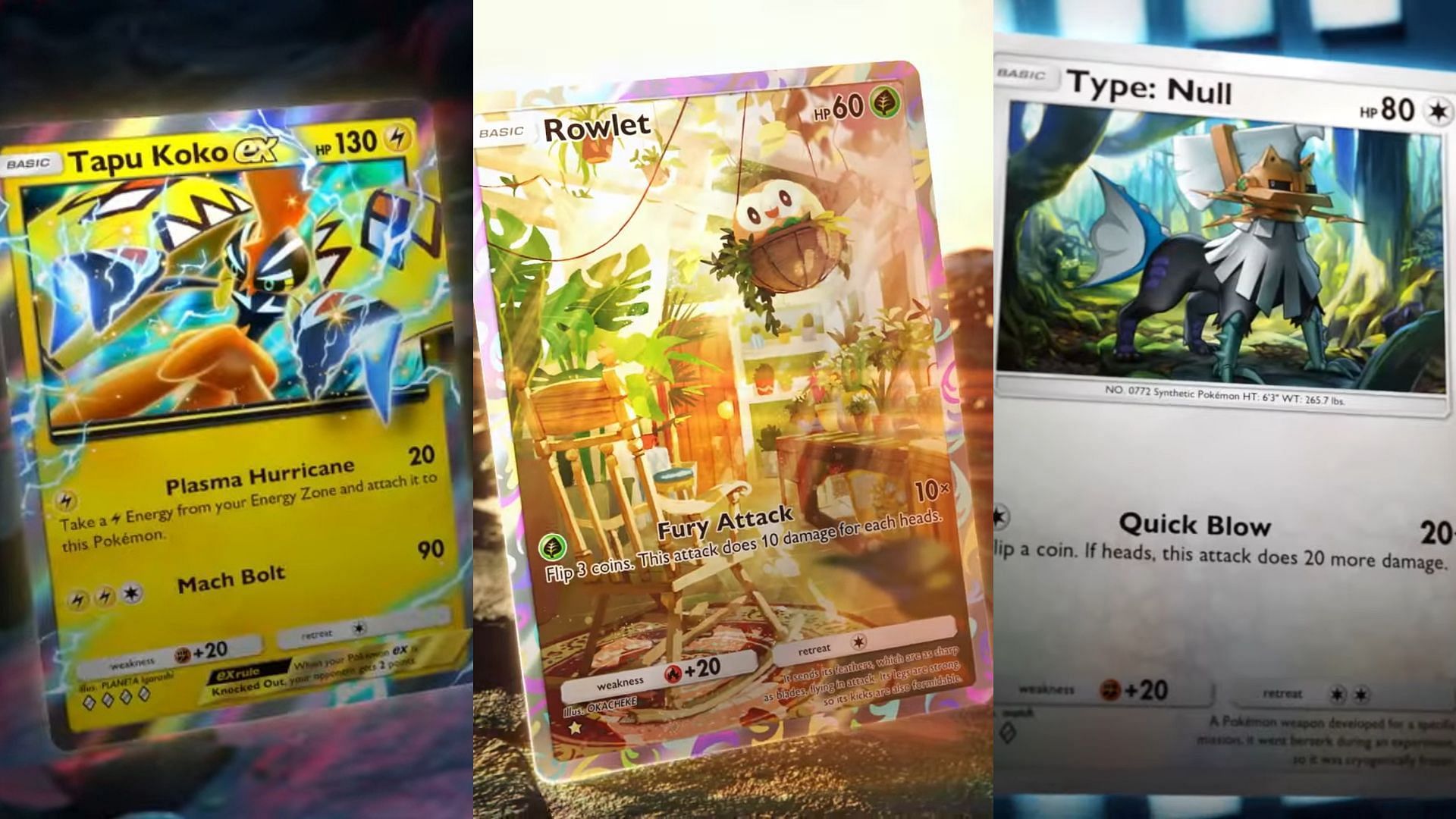 Tapu Koko ex, Rowlet, and Type: Null from the Pokemon TCG Pocket Extradimensional Crisis (Image via The Pokemon Company)